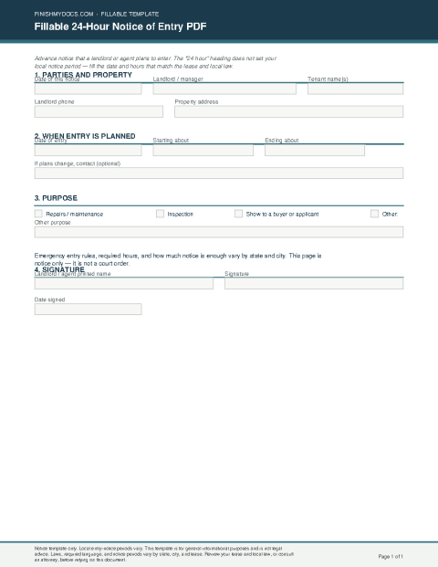 Fillable 24-Hour Notice of Entry PDF preview thumbnail