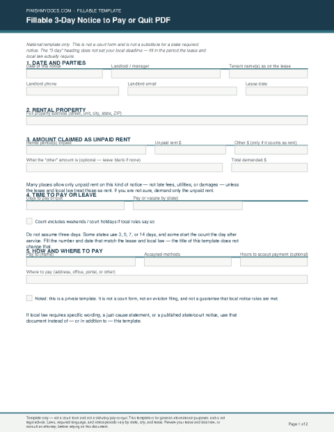 Fillable 3-Day Notice to Pay or Quit PDF preview thumbnail