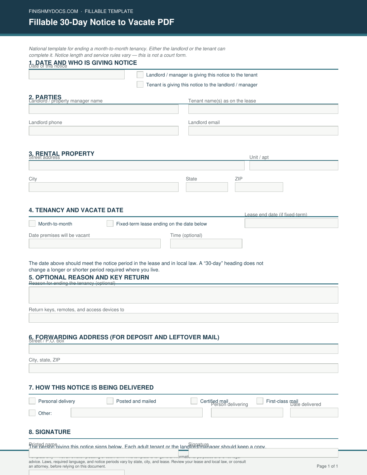 Fillable 30-Day Notice to Vacate PDF preview thumbnail