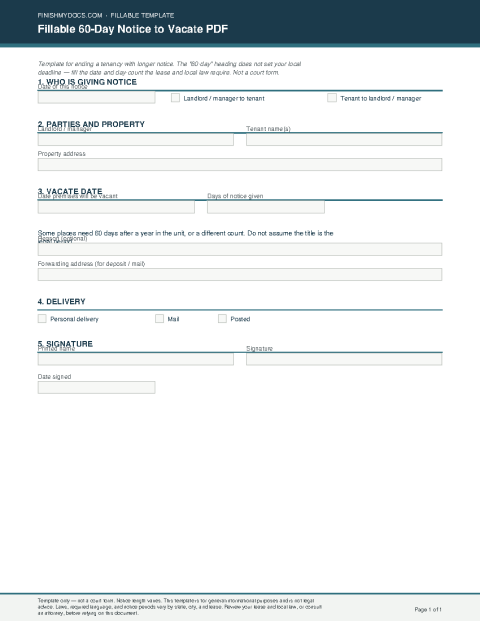 Fillable 60-Day Notice to Vacate PDF preview thumbnail
