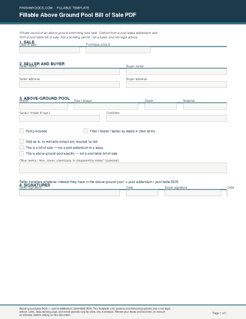 Fillable Above Ground Pool Bill of Sale PDF preview thumbnail