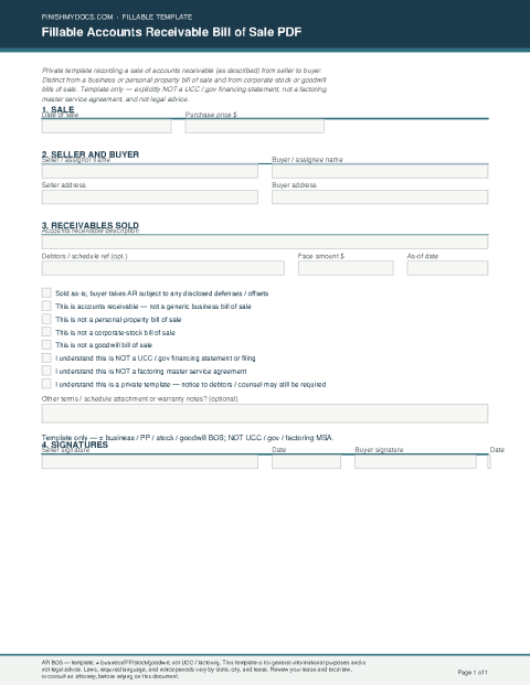 Fillable Accounts Receivable Bill of Sale PDF preview thumbnail