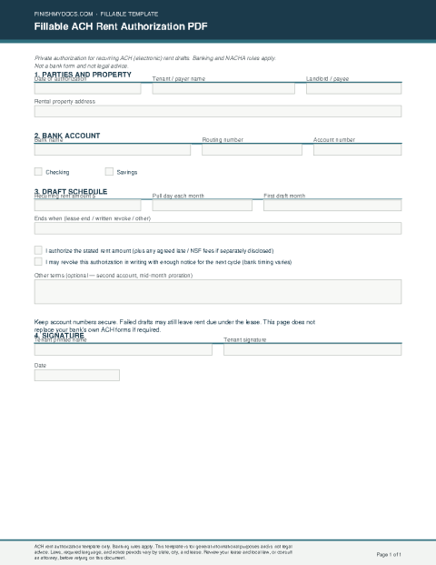 Fillable ACH Rent Authorization PDF preview thumbnail