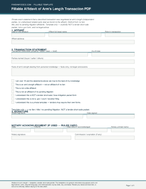 Fillable Affidavit of Arm's Length Transaction PDF preview thumbnail