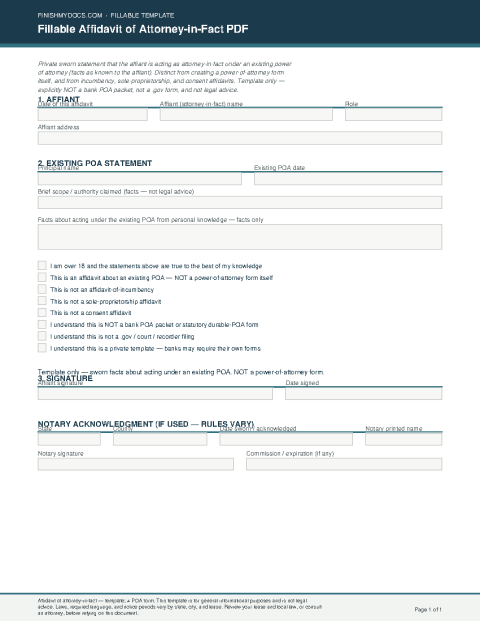 Fillable Affidavit of Attorney-in-Fact PDF preview thumbnail