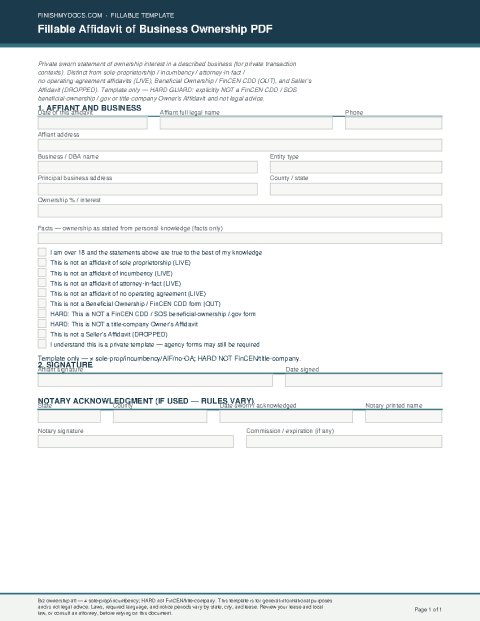 Fillable Affidavit of Business Ownership PDF preview thumbnail