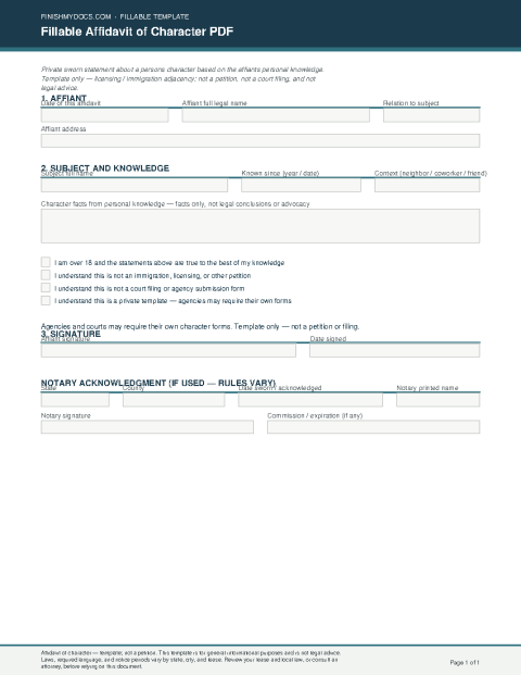 Fillable Affidavit of Character PDF preview thumbnail