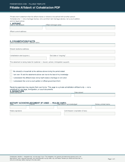 Fillable Affidavit of Cohabitation PDF preview thumbnail
