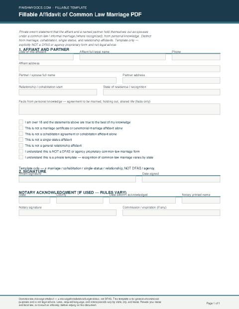 Fillable Affidavit of Common Law Marriage PDF preview thumbnail