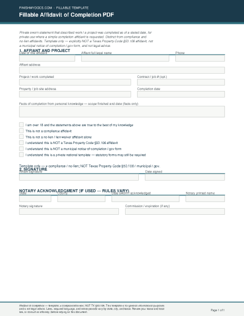 Fillable Affidavit of Completion PDF preview thumbnail