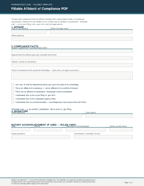 Fillable Affidavit of Compliance PDF preview thumbnail