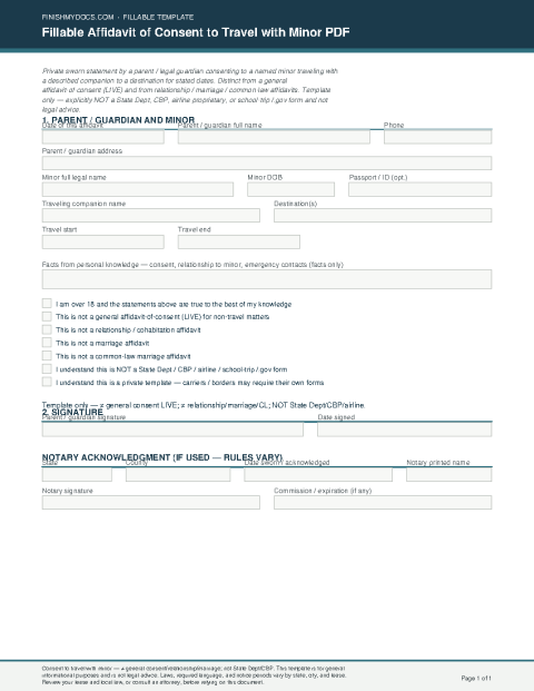 Fillable Affidavit of Consent to Travel with Minor PDF preview thumbnail