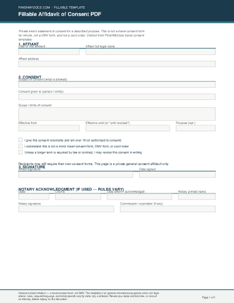 Fillable Affidavit of Consent PDF preview thumbnail