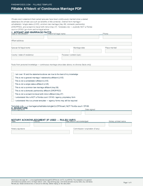 Fillable Affidavit of Continuous Marriage PDF preview thumbnail