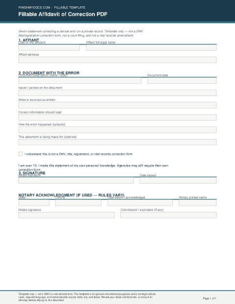 Fillable Affidavit of Correction PDF preview thumbnail