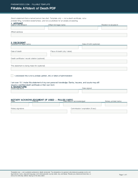 Fillable Affidavit of Death PDF preview thumbnail