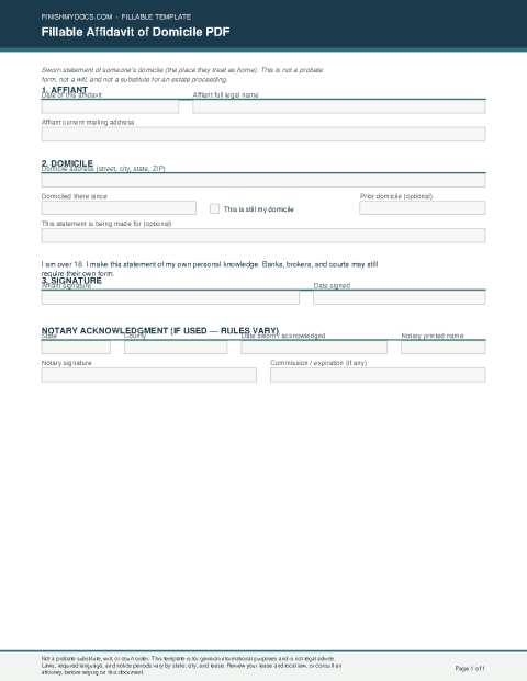 Fillable Affidavit of Domicile PDF preview thumbnail