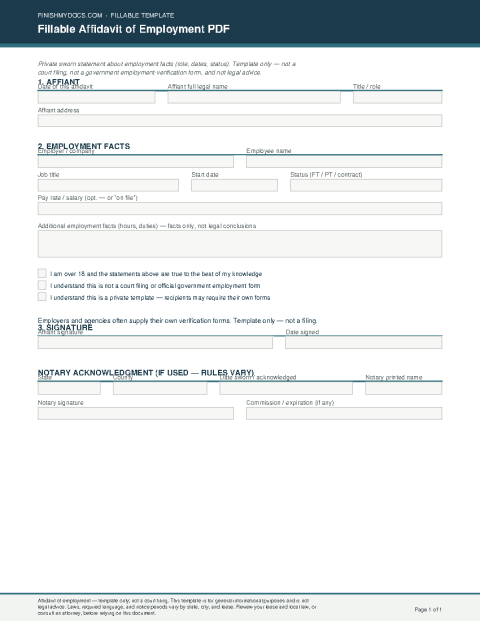 Fillable Affidavit of Employment PDF preview thumbnail