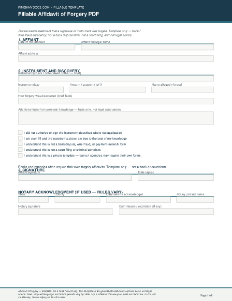 Fillable Affidavit of Forgery PDF preview thumbnail
