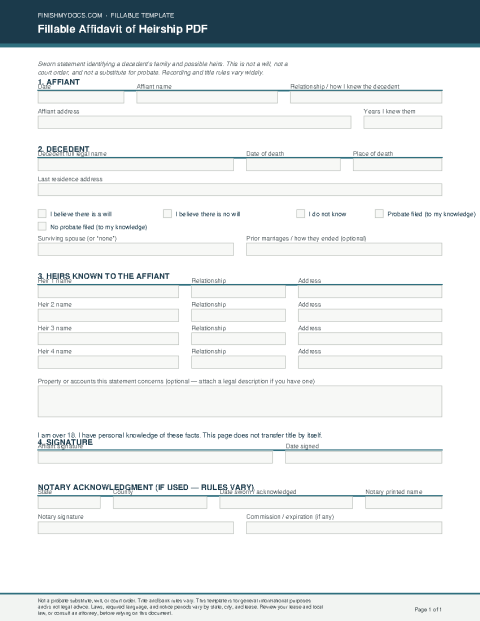 Fillable Affidavit of Heirship PDF preview thumbnail