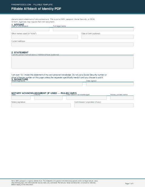 Fillable Affidavit of Identity PDF preview thumbnail