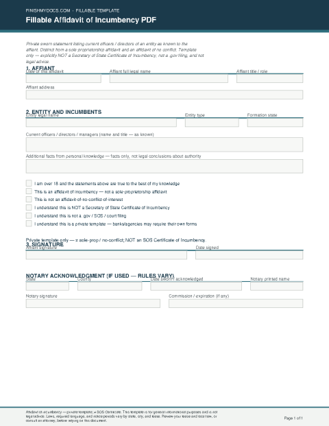 Fillable Affidavit of Incumbency PDF preview thumbnail