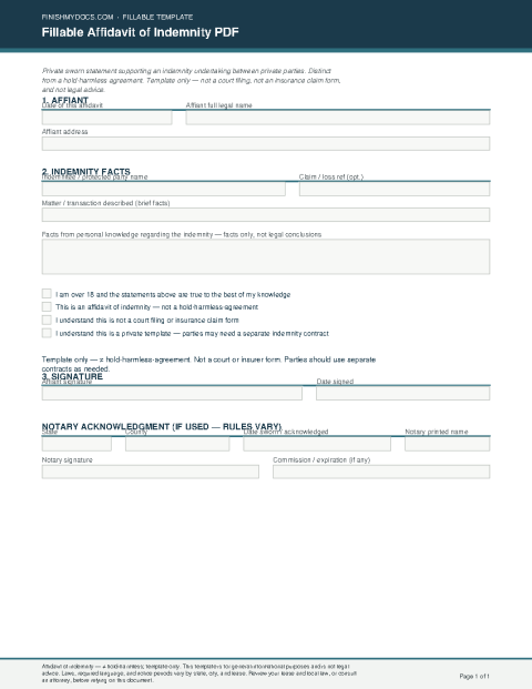 Fillable Affidavit of Indemnity PDF preview thumbnail