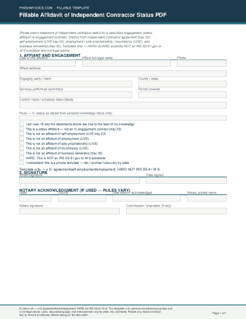 Fillable Affidavit of Independent Contractor Status PDF preview thumbnail