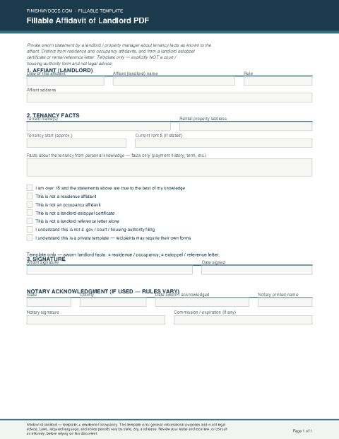Fillable Affidavit of Landlord PDF preview thumbnail