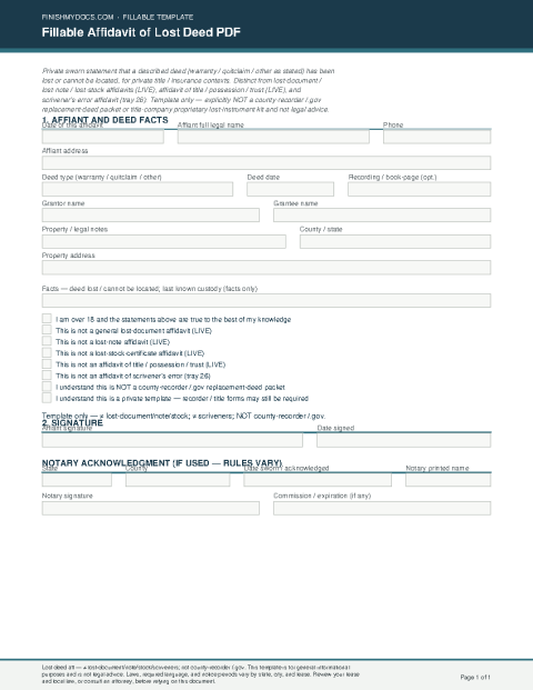 Fillable Affidavit of Lost Deed PDF preview thumbnail