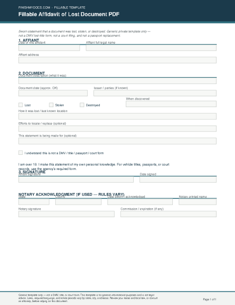 Fillable Affidavit of Lost Document PDF preview thumbnail