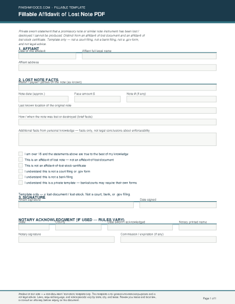 Fillable Affidavit of Lost Note PDF preview thumbnail