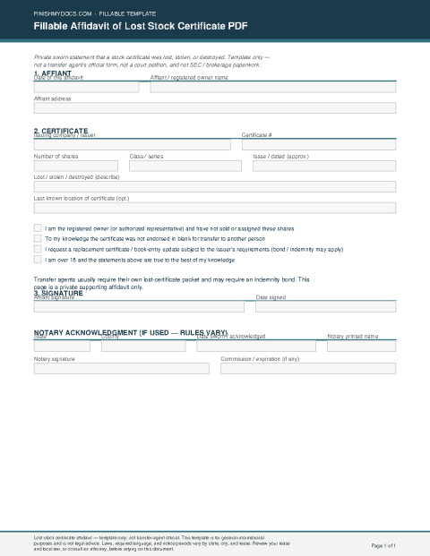 Fillable Affidavit of Lost Stock Certificate PDF preview thumbnail