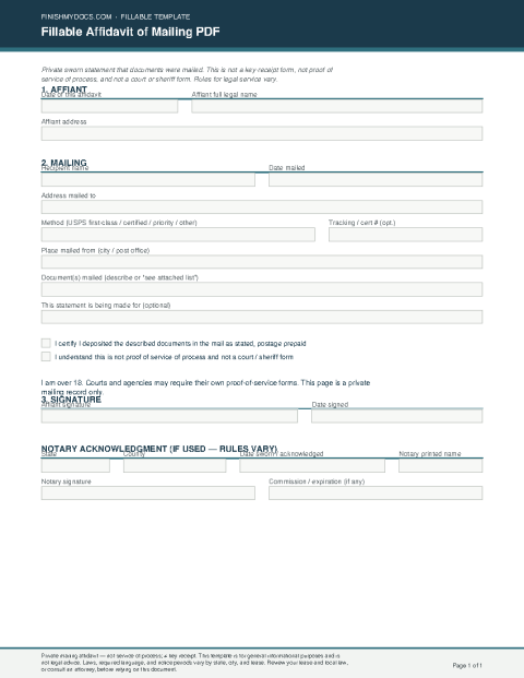 Fillable Affidavit of Mailing PDF preview thumbnail