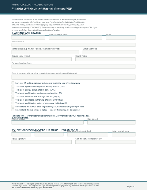 Fillable Affidavit of Marital Status PDF preview thumbnail