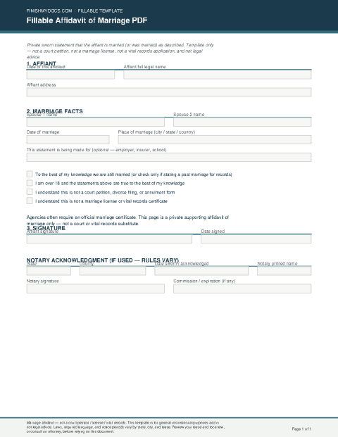 Fillable Affidavit of Marriage PDF preview thumbnail