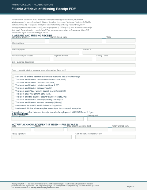 Fillable Affidavit of Missing Receipt PDF preview thumbnail