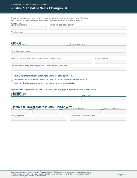Fillable Affidavit of Name Change PDF preview thumbnail