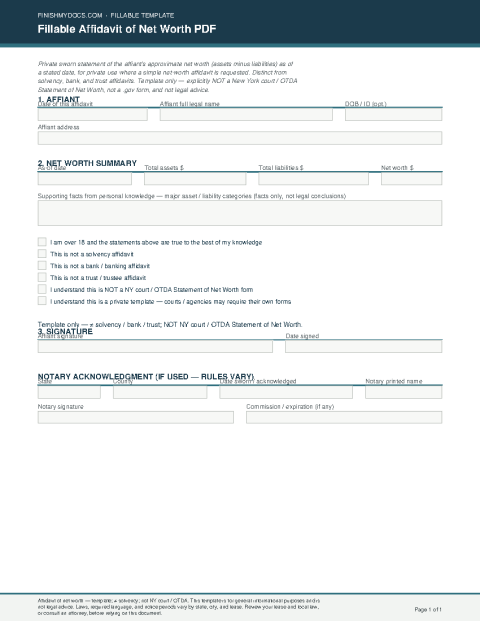 Fillable Affidavit of Net Worth PDF preview thumbnail