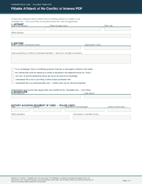 Fillable Affidavit of No Conflict of Interest PDF preview thumbnail