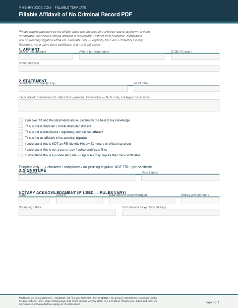 Fillable Affidavit of No Criminal Record PDF preview thumbnail
