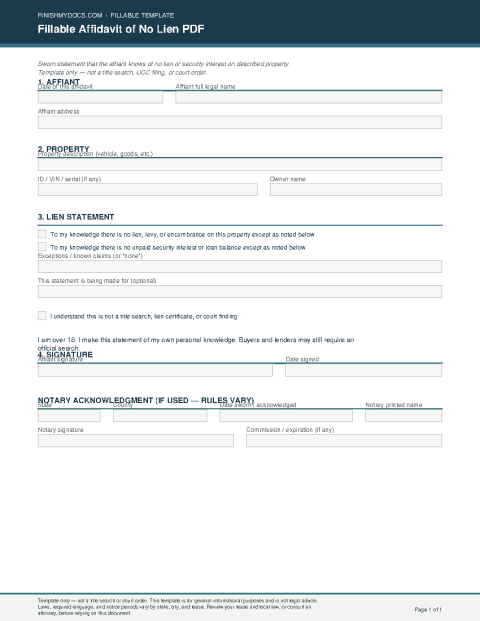 Fillable Affidavit of No Lien PDF preview thumbnail