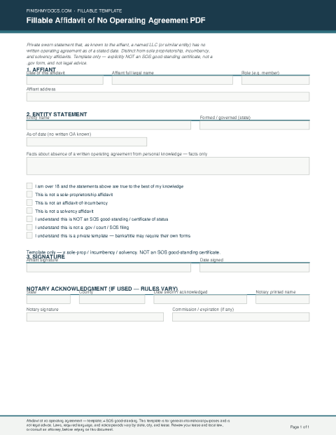 Fillable Affidavit of No Operating Agreement PDF preview thumbnail