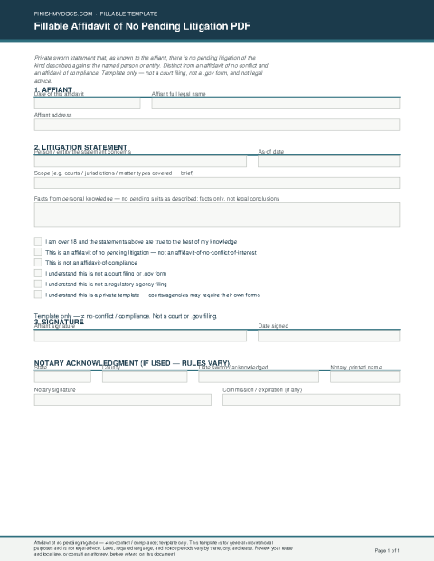 Fillable Affidavit of No Pending Litigation PDF preview thumbnail