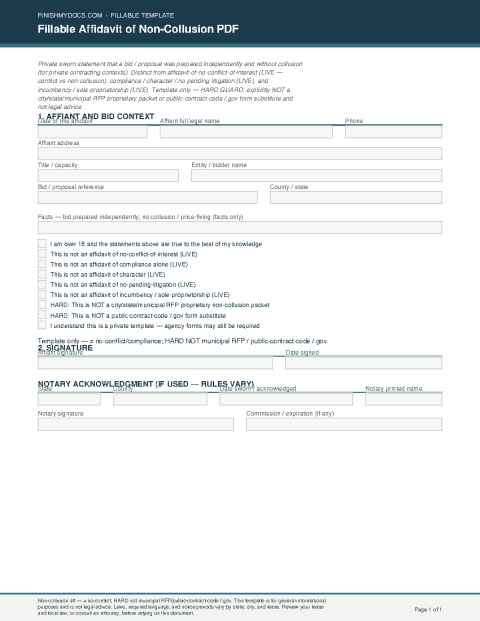 Fillable Affidavit of Non-Collusion PDF preview thumbnail
