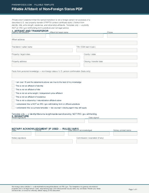 Fillable Affidavit of Non-Foreign Status PDF preview thumbnail