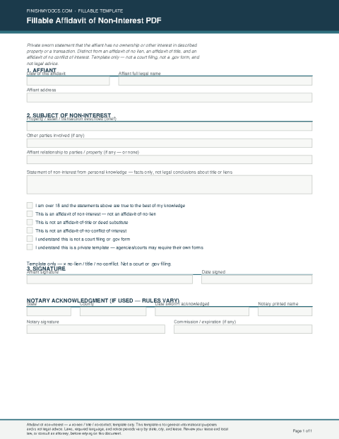 Fillable Affidavit of Non-Interest PDF preview thumbnail