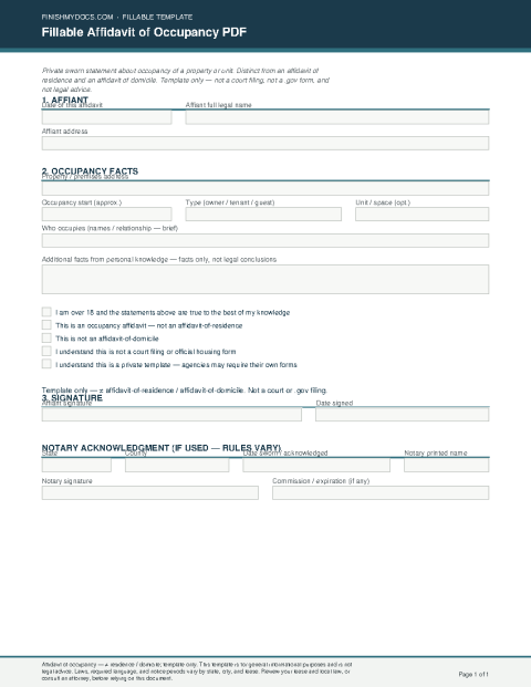 Fillable Affidavit of Occupancy PDF preview thumbnail
