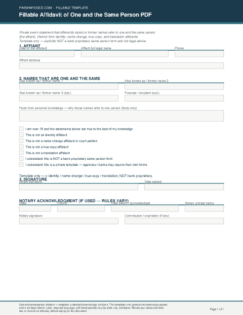Fillable Affidavit of One and the Same Person PDF preview thumbnail