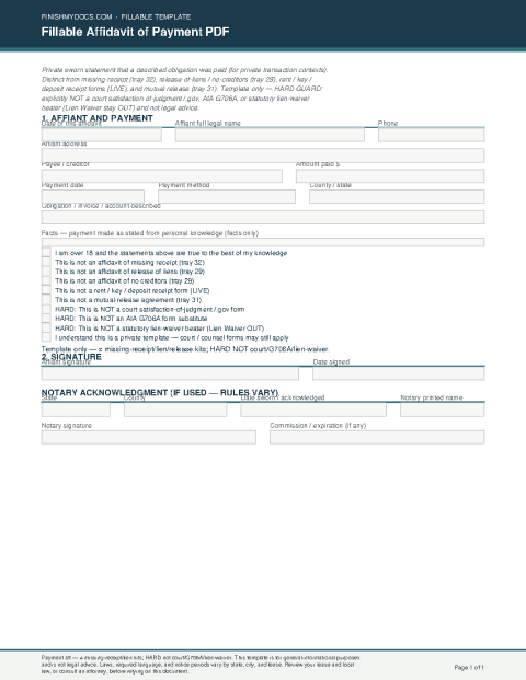 Fillable Affidavit of Payment PDF preview thumbnail